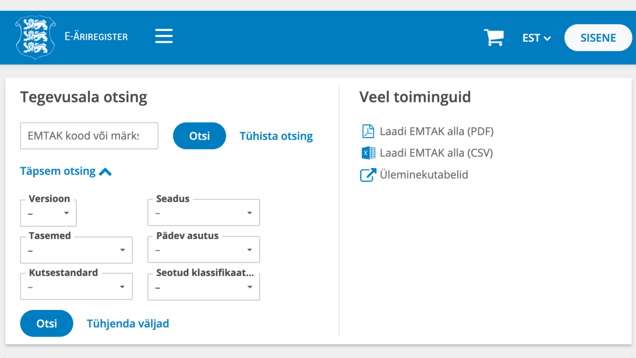 Tegevusalade klassifikaatori otsing äriregistri portaalis